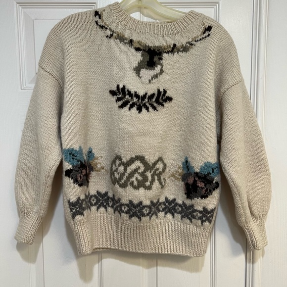 Vintage Thick Wool Cream Cable knit deer Sweater Jumper Grandmacore Medium - Picture 2 of 9